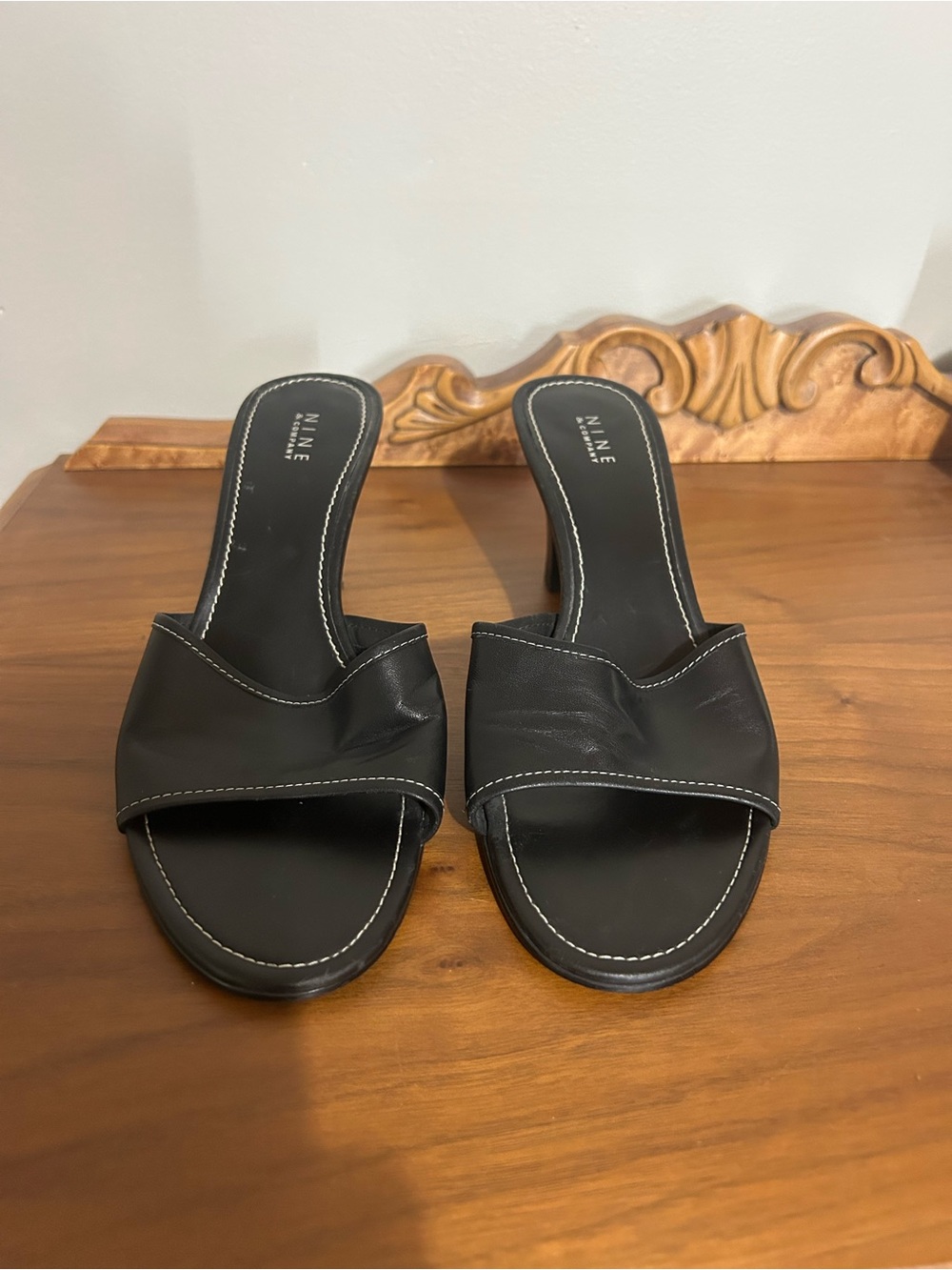 Nine & Co. Black Open-Toe Slide Mules with Contrast Stitching